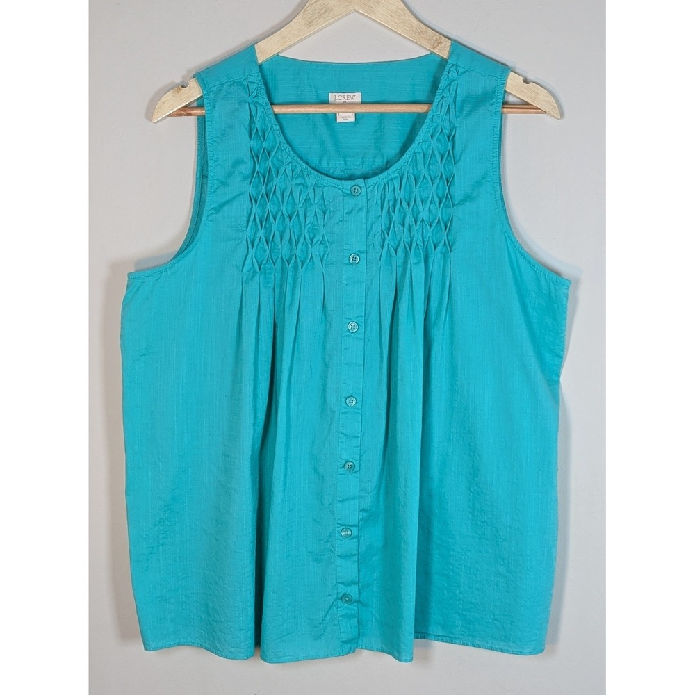 J.Crew Womens Teal Blue Smocked Sleeveless Cotton Blouse Top Size 12 Summer Boho